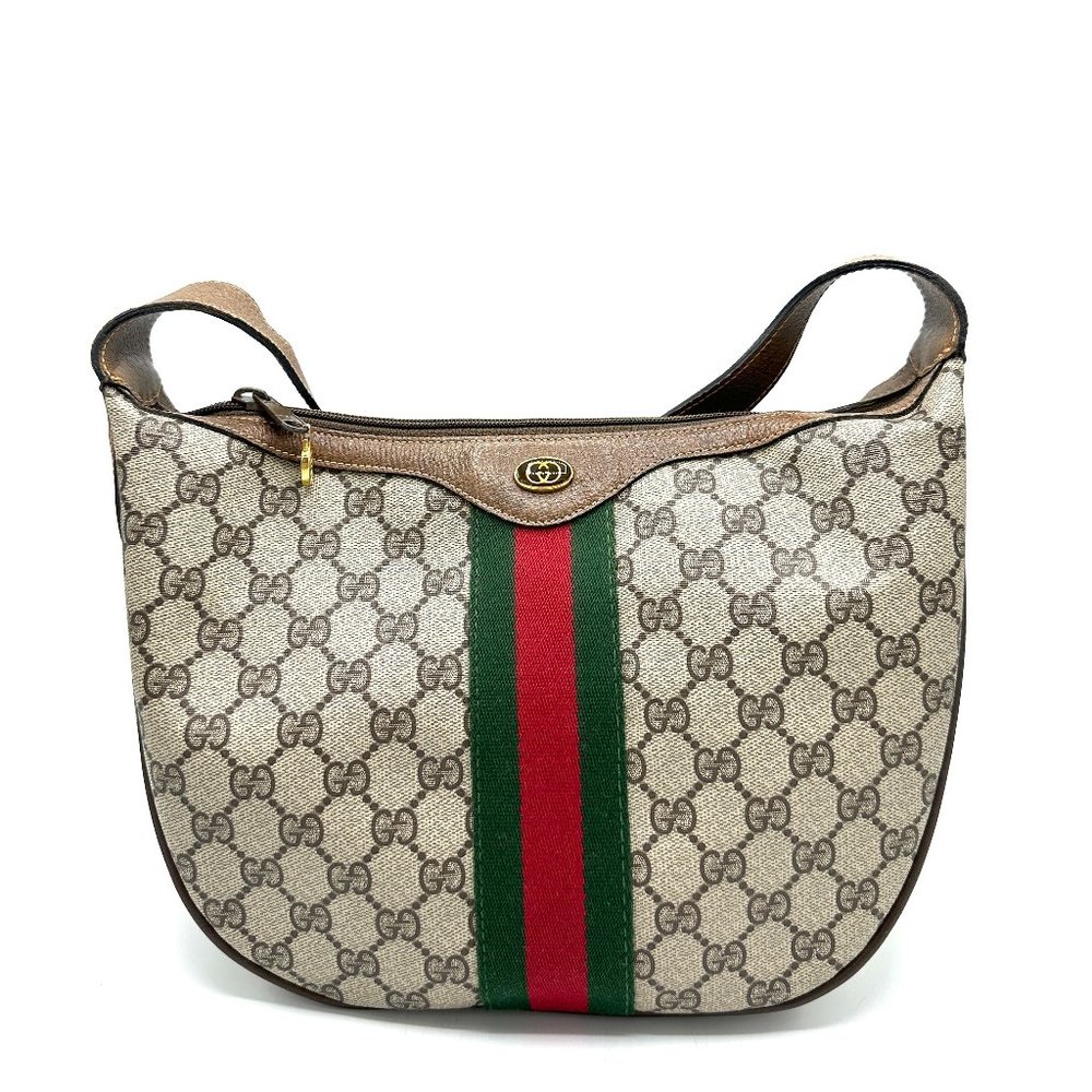 Authentic Gucci Beige and Brown Shoulder Bag with Red and Green Stripe